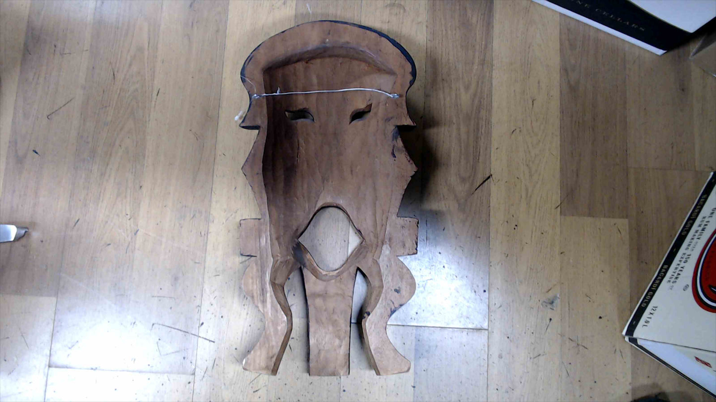 Hand-Carved Wooden Tribal Wall Mask – Sculptural Brown/Black, ~18" Tall, Ready to Hang