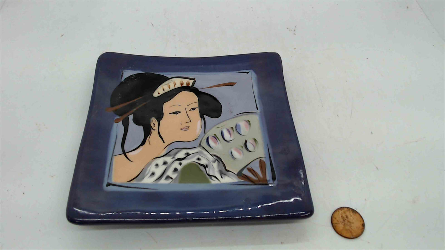 Handmade Studio Pottery Square Dish – Geisha Artwork – Signed “Grisz ‘89” – Ceramic Art Plate