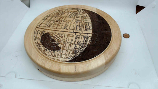 Star Wars Death Star Cheese Board by Toscana / Picnic Time – Licensed Wood Round w/ Hidden Tool Tray – 2 Knives Included