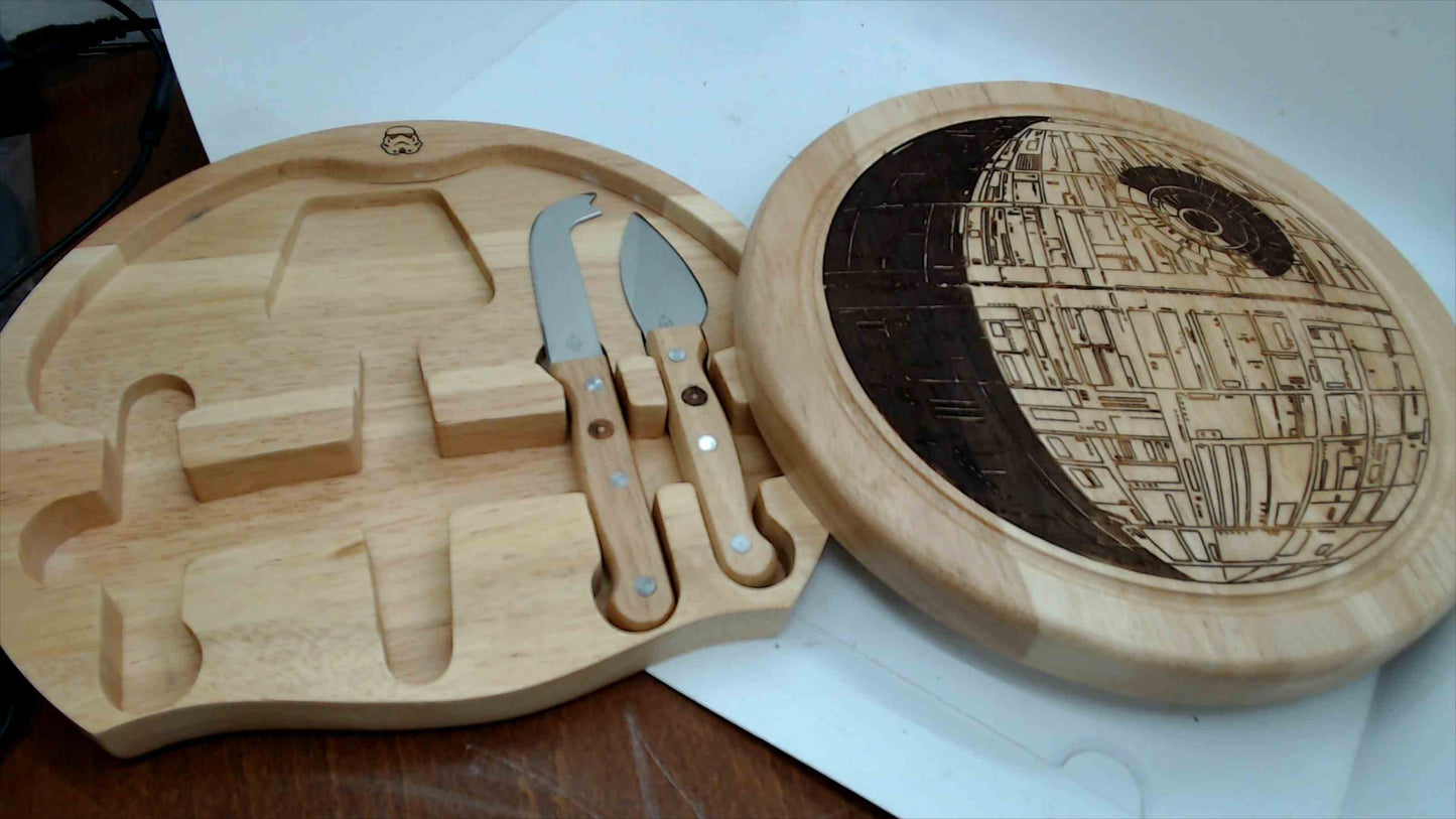 Star Wars Death Star Cheese Board by Toscana / Picnic Time – Licensed Wood Round w/ Hidden Tool Tray – 2 Knives Included