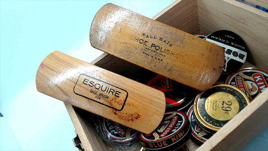 Vintage Wooden Shoe Shine Kit Box w/ Brushes & Assorted Kiwi/Esquire Polish – USA Made