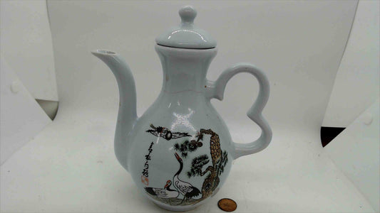 Vintage Asian Porcelain Teapot w/ Cranes & Pine Motif, Heart-Handle, ~8” Tall