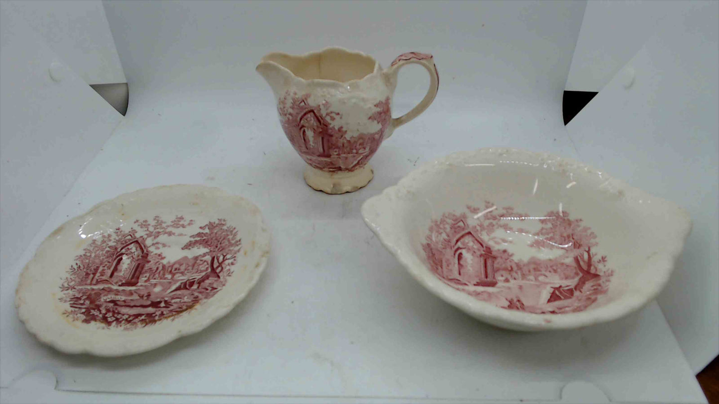Vintage “English Abbey” Red Transferware – Cream Pitcher, Serving Bowl & Small Plate – Pink/Red – Antique Style Trio
