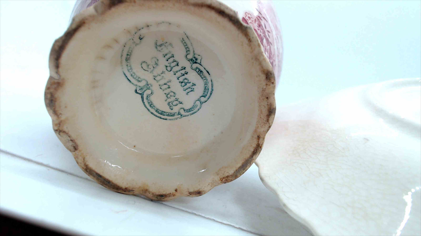 Vintage “English Abbey” Red Transferware – Cream Pitcher, Serving Bowl & Small Plate – Pink/Red – Antique Style Trio