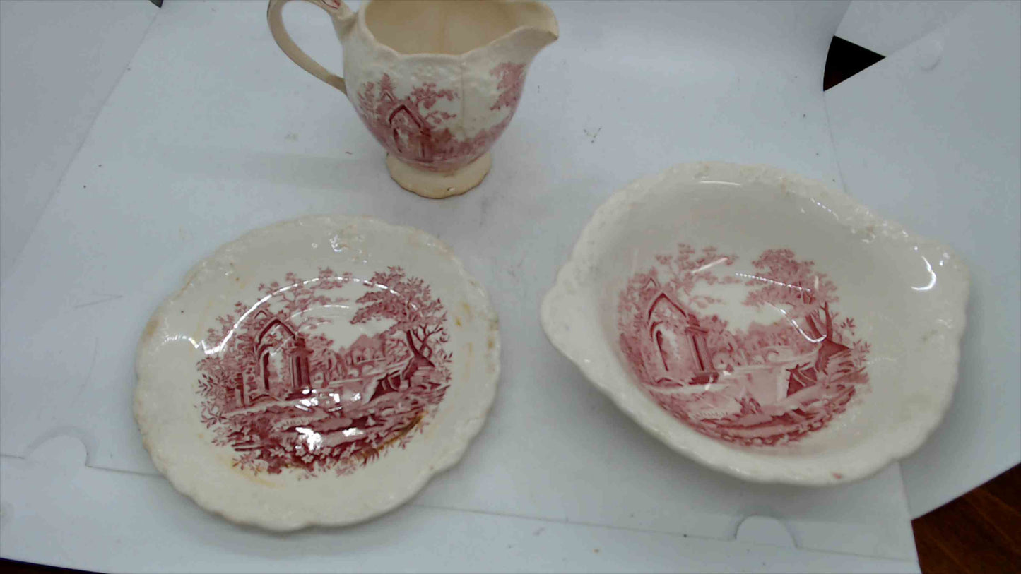 Vintage “English Abbey” Red Transferware – Cream Pitcher, Serving Bowl & Small Plate – Pink/Red – Antique Style Trio