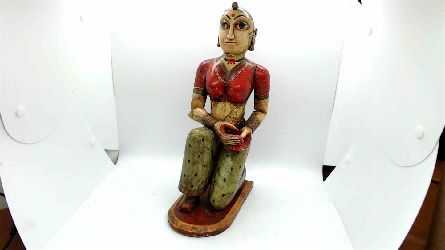 Hand-Carved & Hand-Painted Indian Wooden Kneeling Woman Statue – Kashmir Cottage Emporium