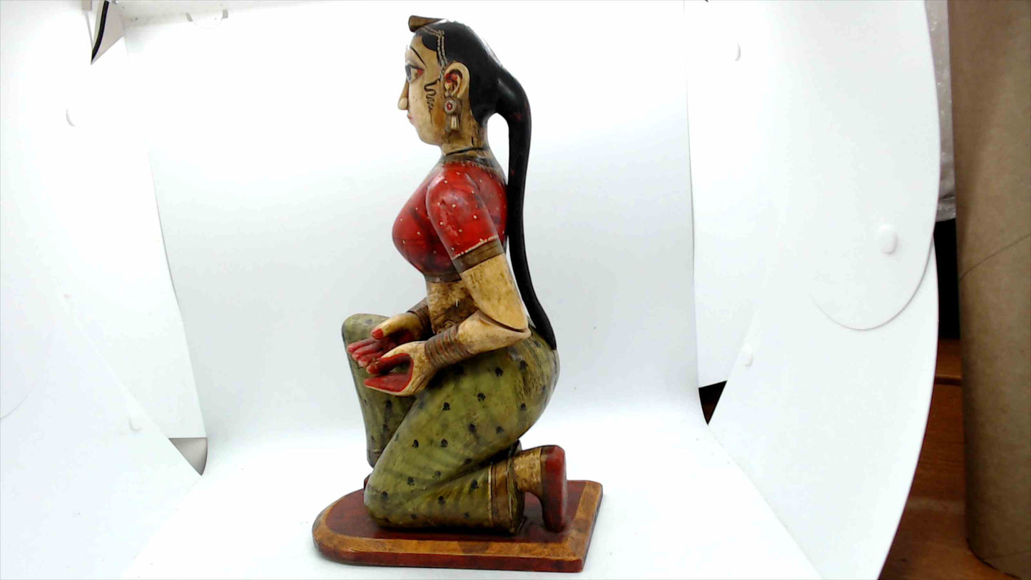 Hand-Carved & Hand-Painted Indian Wooden Kneeling Woman Statue – Kashmir Cottage Emporium