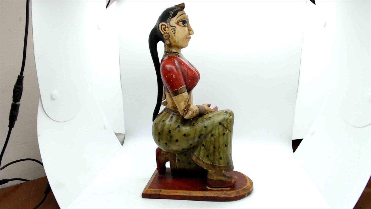 Hand-Carved & Hand-Painted Indian Wooden Kneeling Woman Statue – Kashmir Cottage Emporium