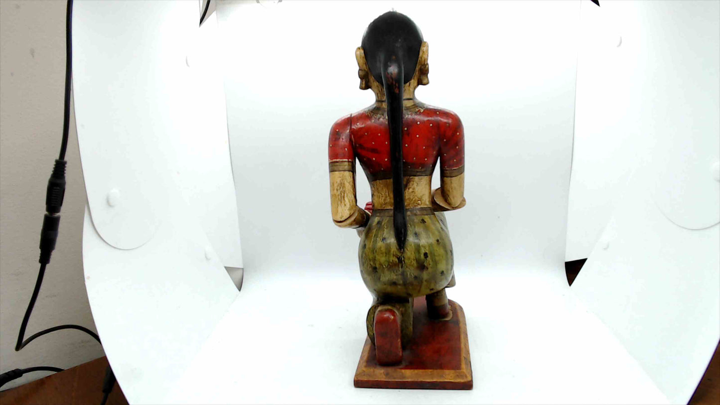 Hand-Carved & Hand-Painted Indian Wooden Kneeling Woman Statue – Kashmir Cottage Emporium
