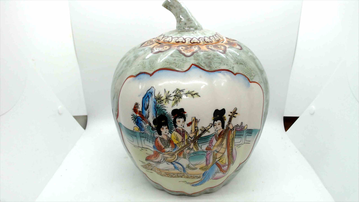 Vintage Chinese Porcelain Lidded Ginger Jar – Hand-Painted Geisha & Floral Scene, 9”
