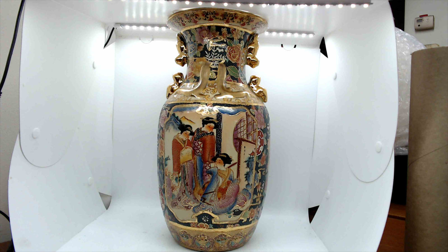 Splendors of Meiji Satsuma-Style Vase w/ Gilt Handles, 14"