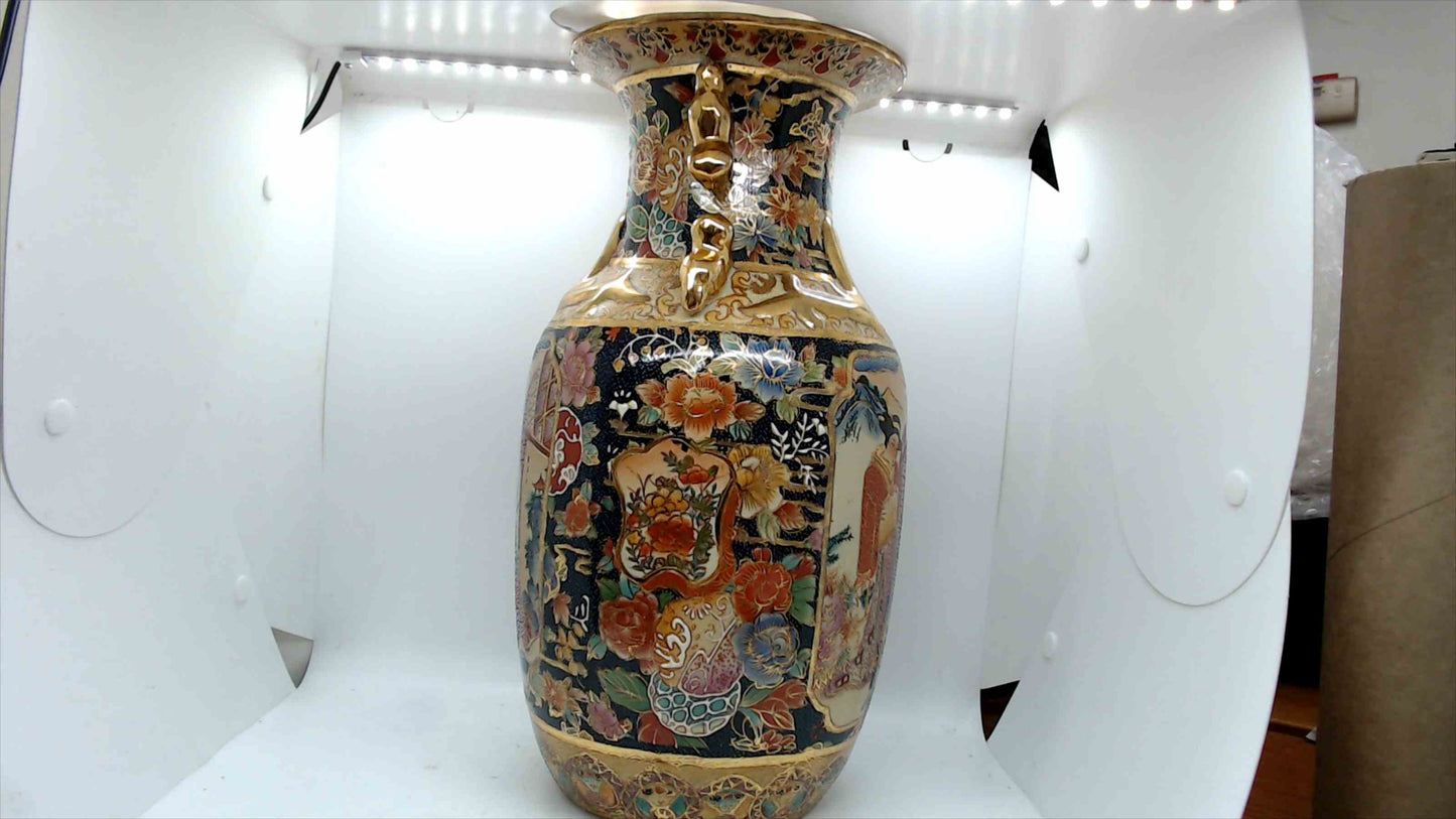 Splendors of Meiji Satsuma-Style Vase w/ Gilt Handles, 14"