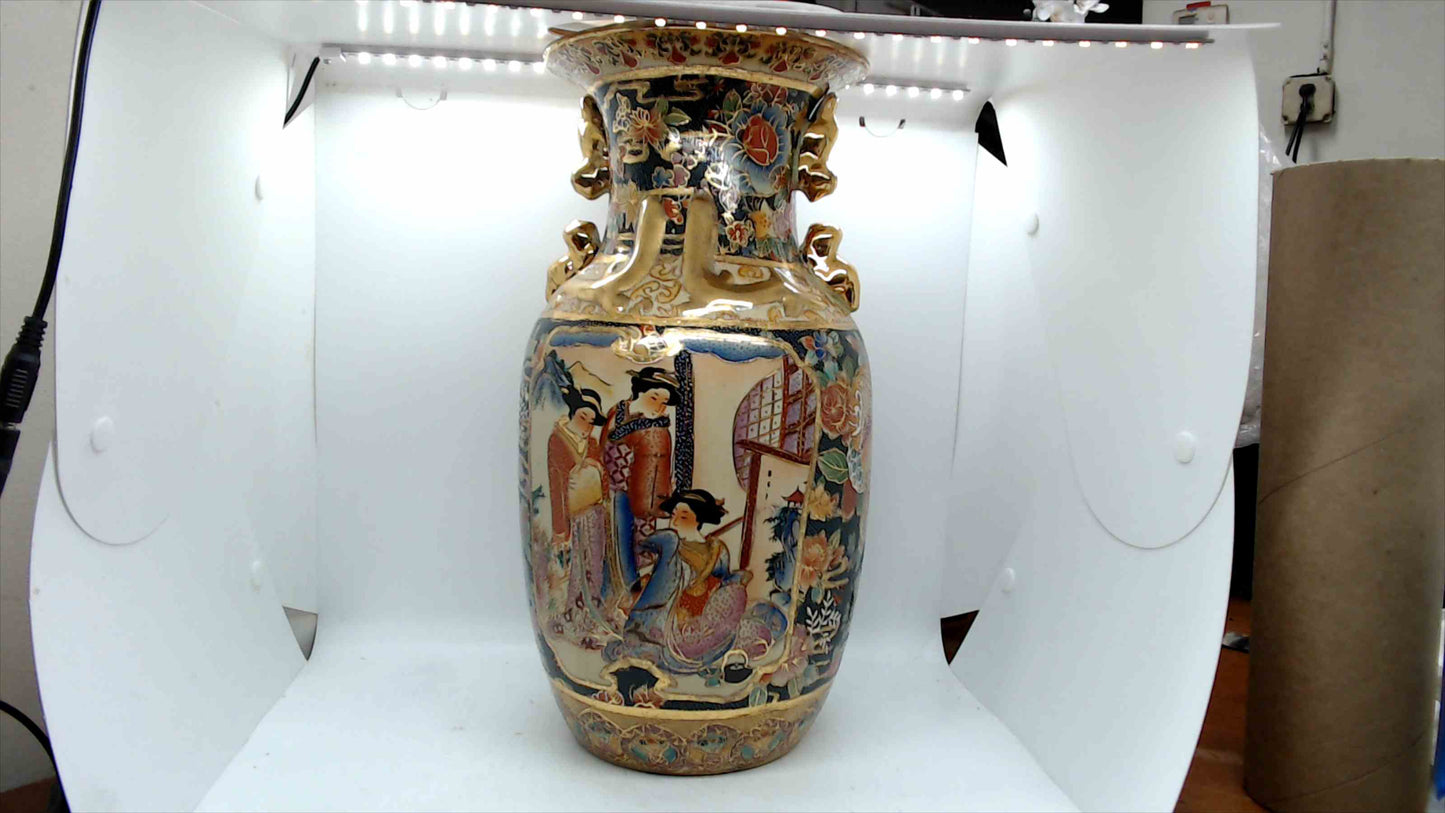 Splendors of Meiji Satsuma-Style Vase w/ Gilt Handles, 14"