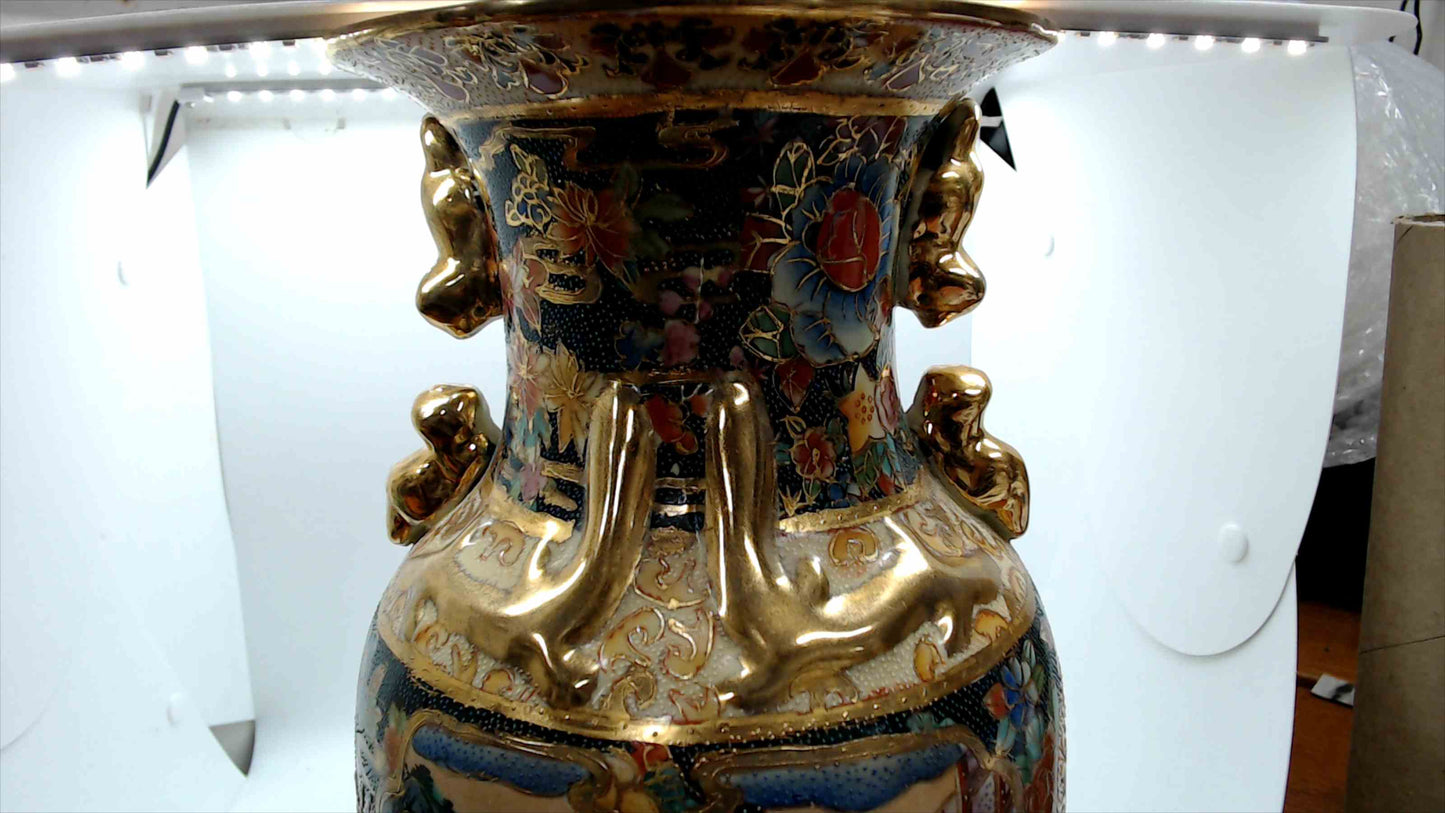 Splendors of Meiji Satsuma-Style Vase w/ Gilt Handles, 14"