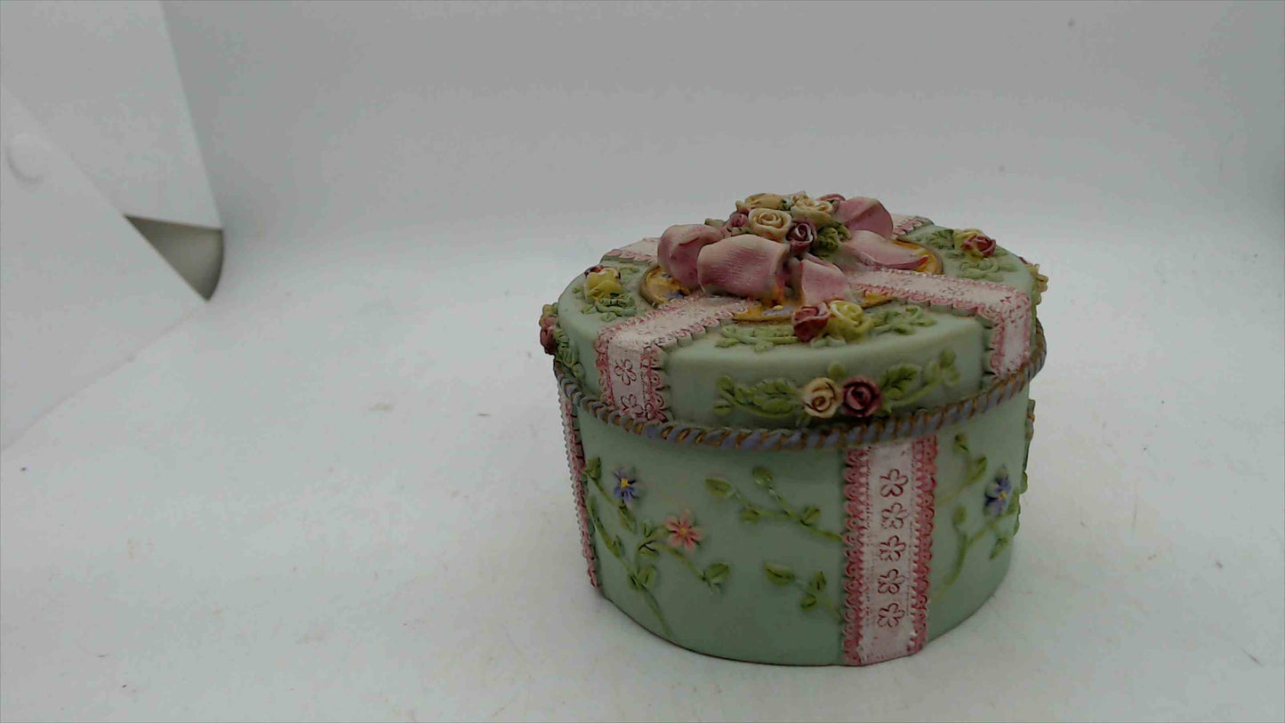Shabby Chic Floral Ribbon Trinket/Jewelry Box – Pastel Green, Hand-Painted Roses – 3" x 3.5"
