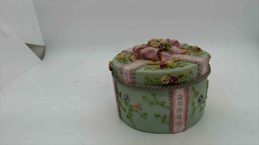 Shabby Chic Floral Ribbon Trinket/Jewelry Box – Pastel Green, Hand-Painted Roses – 3" x 3.5"