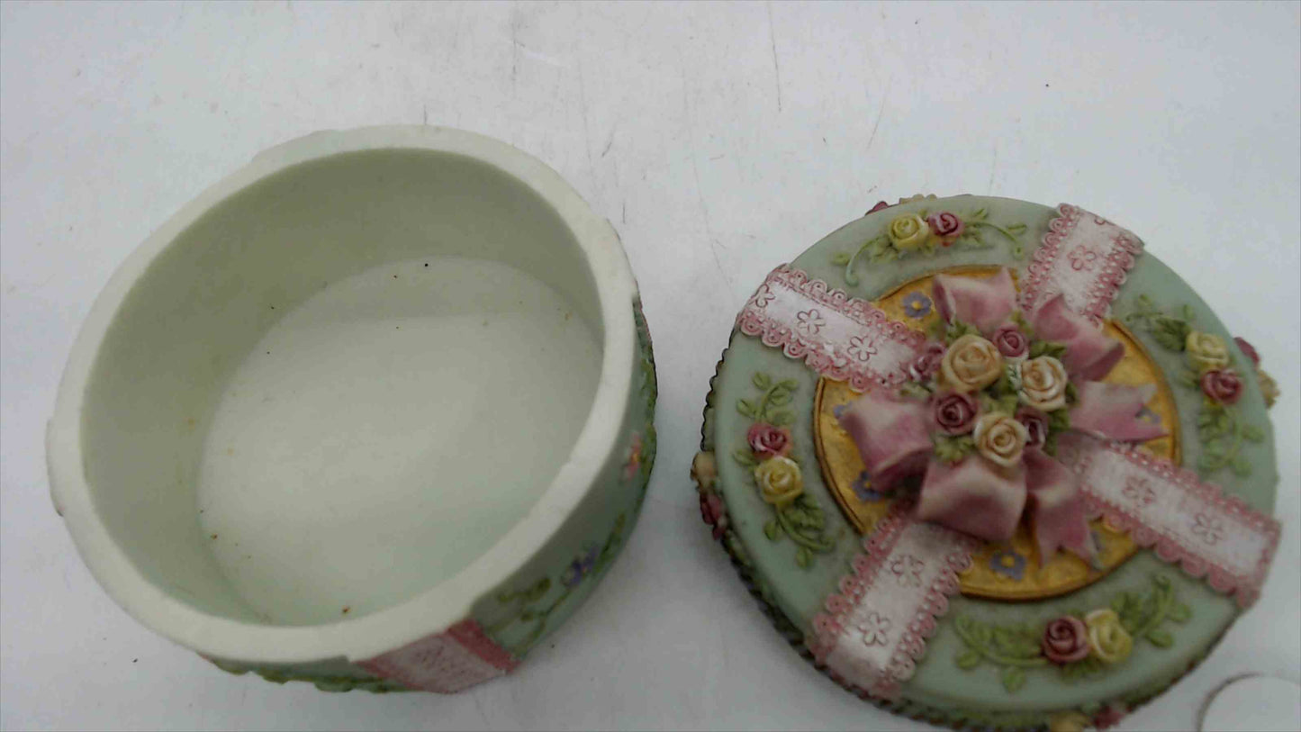 Shabby Chic Floral Ribbon Trinket/Jewelry Box – Pastel Green, Hand-Painted Roses – 3" x 3.5"