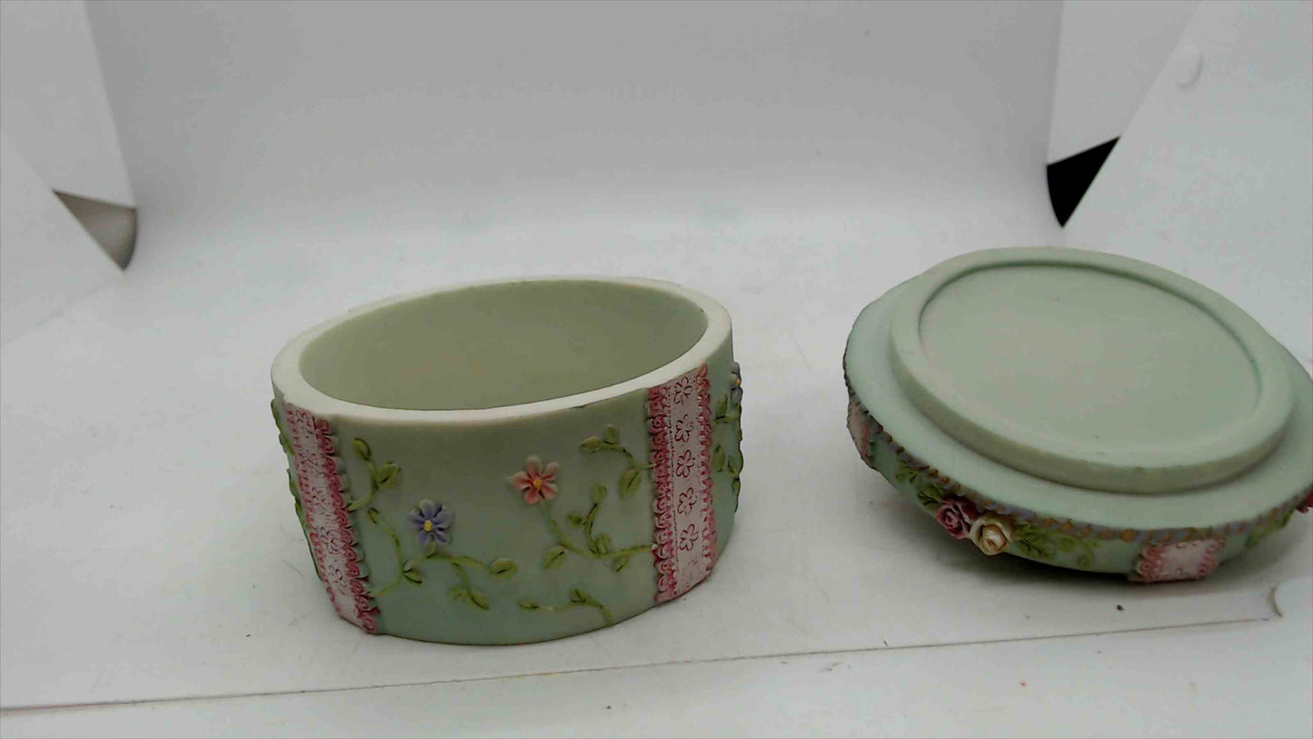 Shabby Chic Floral Ribbon Trinket/Jewelry Box – Pastel Green, Hand-Painted Roses – 3" x 3.5"