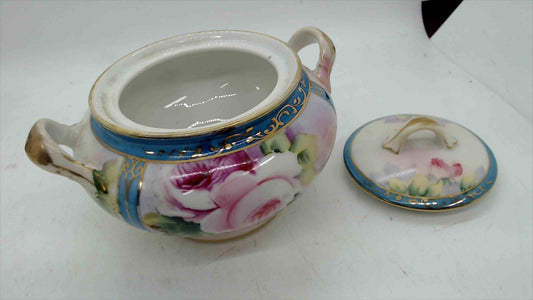 Noritake Hand-Painted Lidded Sugar Bowl w/ Roses & Blue/Gold Trim – Japan, c.1920s–40s