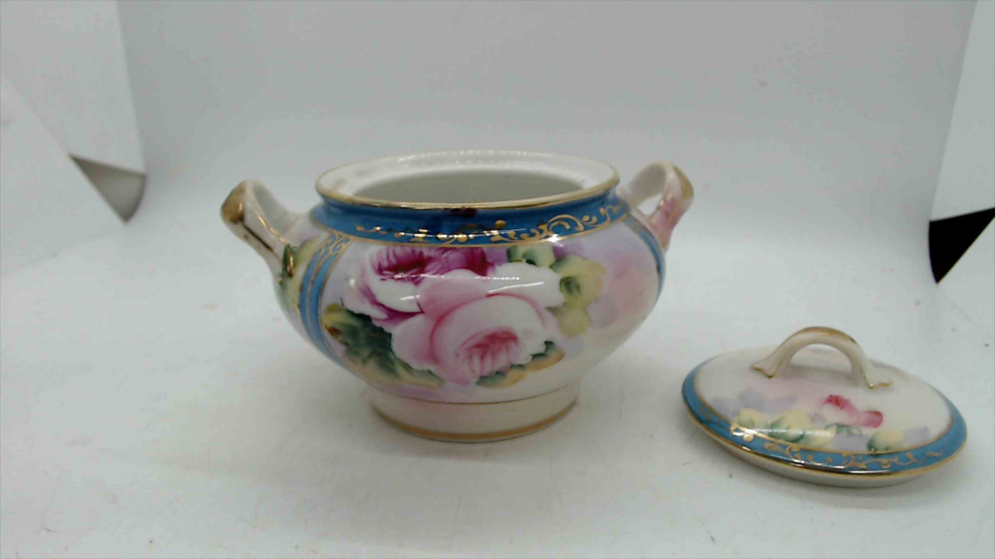 Noritake Hand-Painted Lidded Sugar Bowl w/ Roses & Blue/Gold Trim – Japan, c.1920s–40s