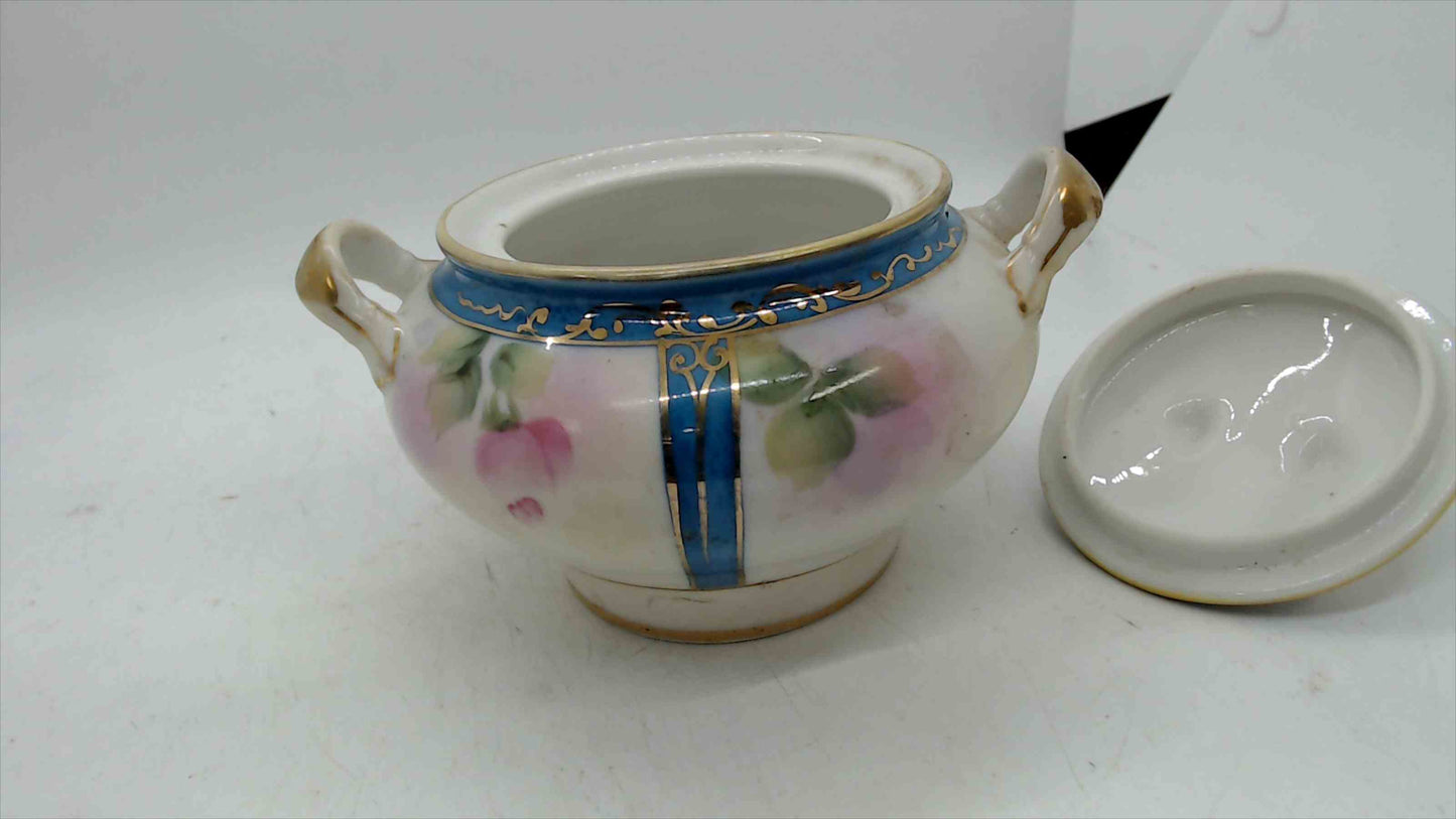 Noritake Hand-Painted Lidded Sugar Bowl w/ Roses & Blue/Gold Trim – Japan, c.1920s–40s