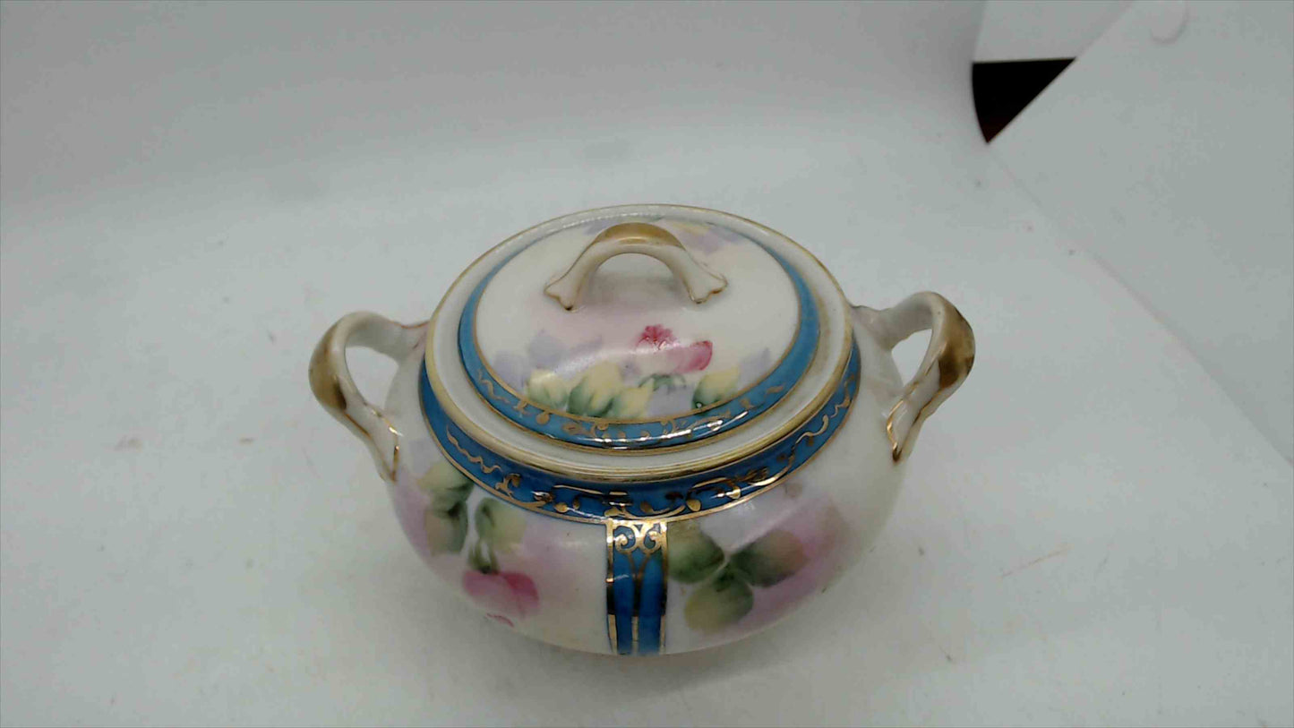 Noritake Hand-Painted Lidded Sugar Bowl w/ Roses & Blue/Gold Trim – Japan, c.1920s–40s