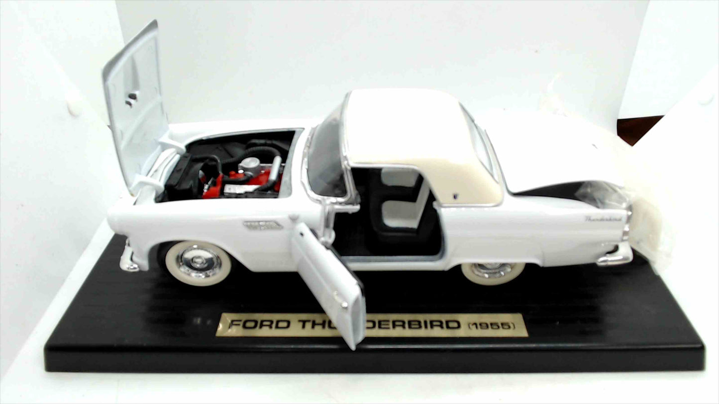 1955 Ford Thunderbird Die-Cast Model Car on Display Base – White, Opening Hood/Doors, Removable Hardtop