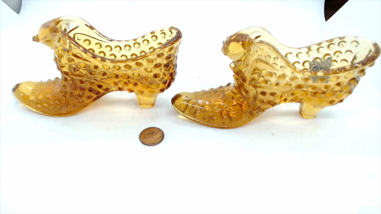 Pair of Vintage Fenton Amber Hobnail Glass Shoes – Cat-Head Slippers – Lot of 2
