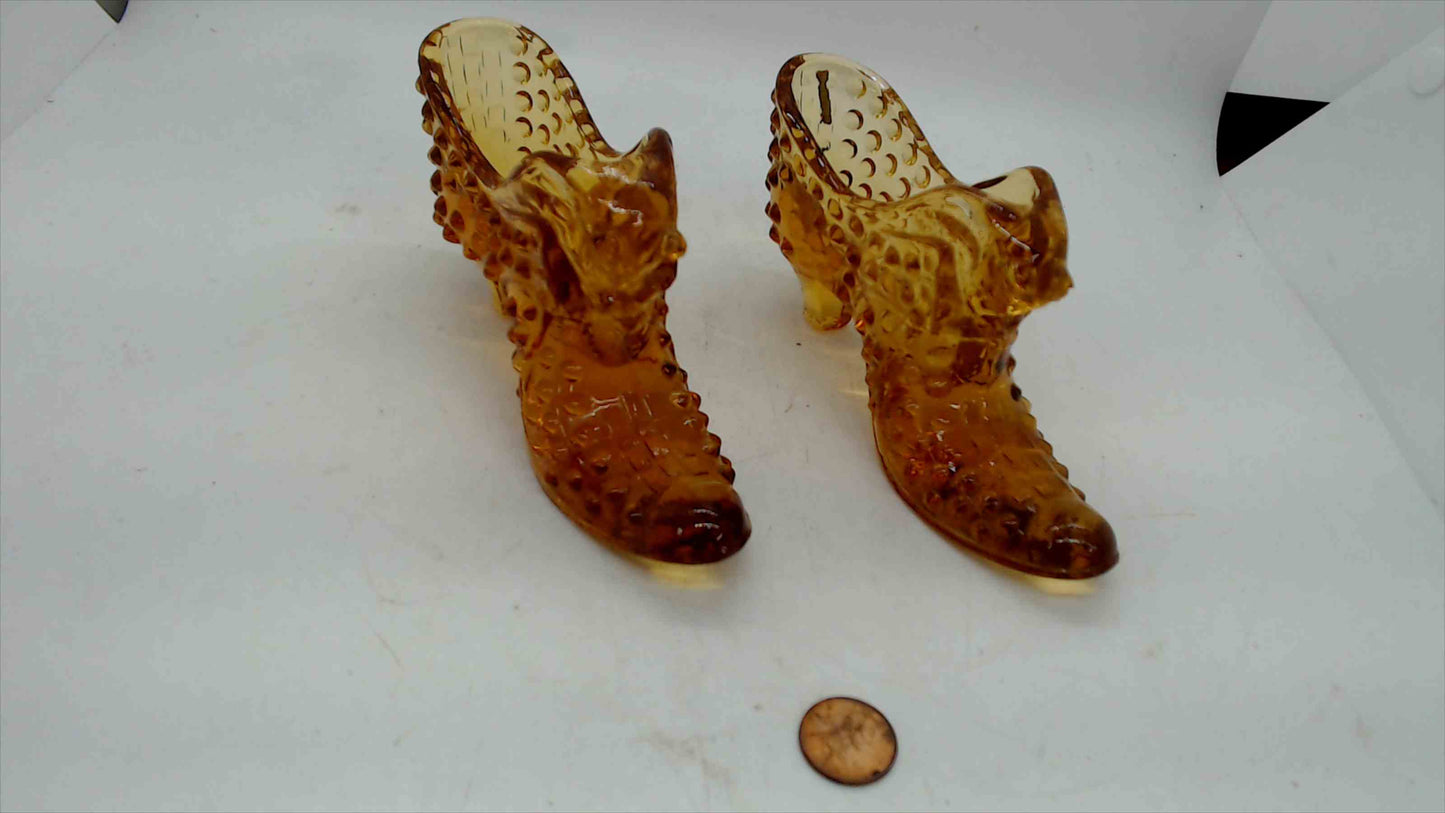 Pair of Vintage Fenton Amber Hobnail Glass Shoes – Cat-Head Slippers – Lot of 2