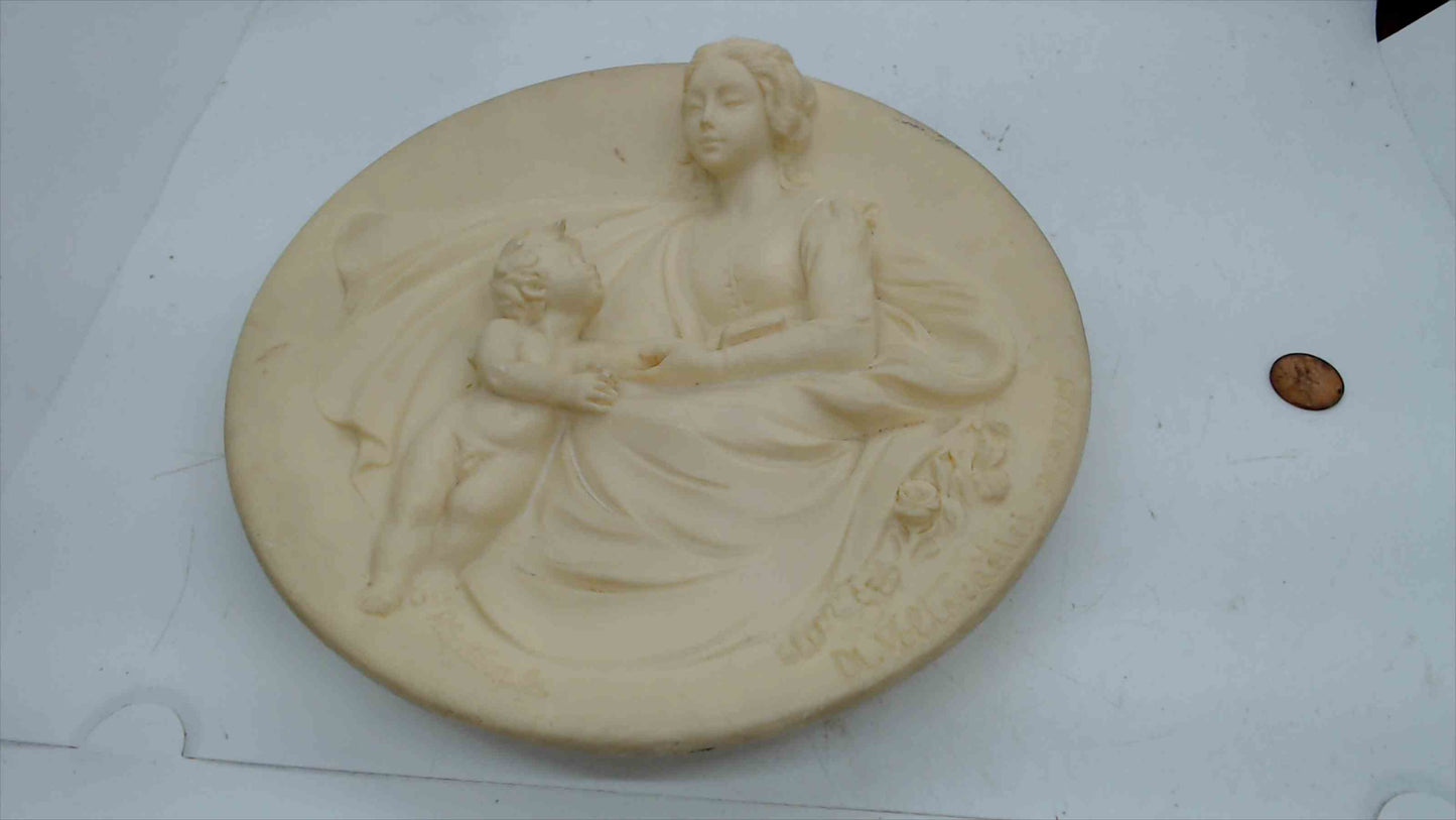 A. Santangela Bas-Relief Wall Plaque “Mother & Child” – 8.5" Round, Ivory Resin (1984)