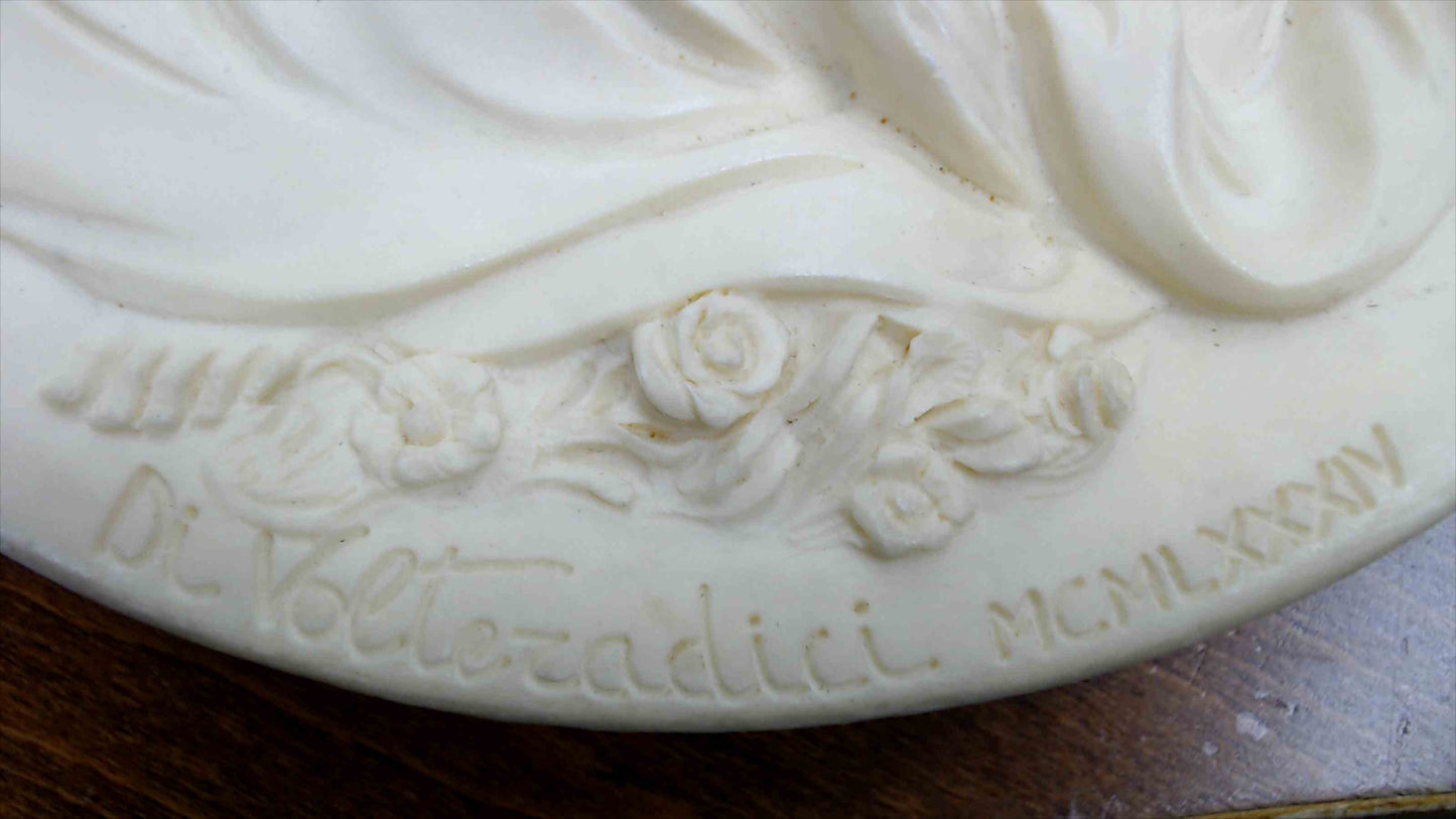 A. Santangela Bas-Relief Wall Plaque “Mother & Child” – 8.5" Round, Ivory Resin (1984)