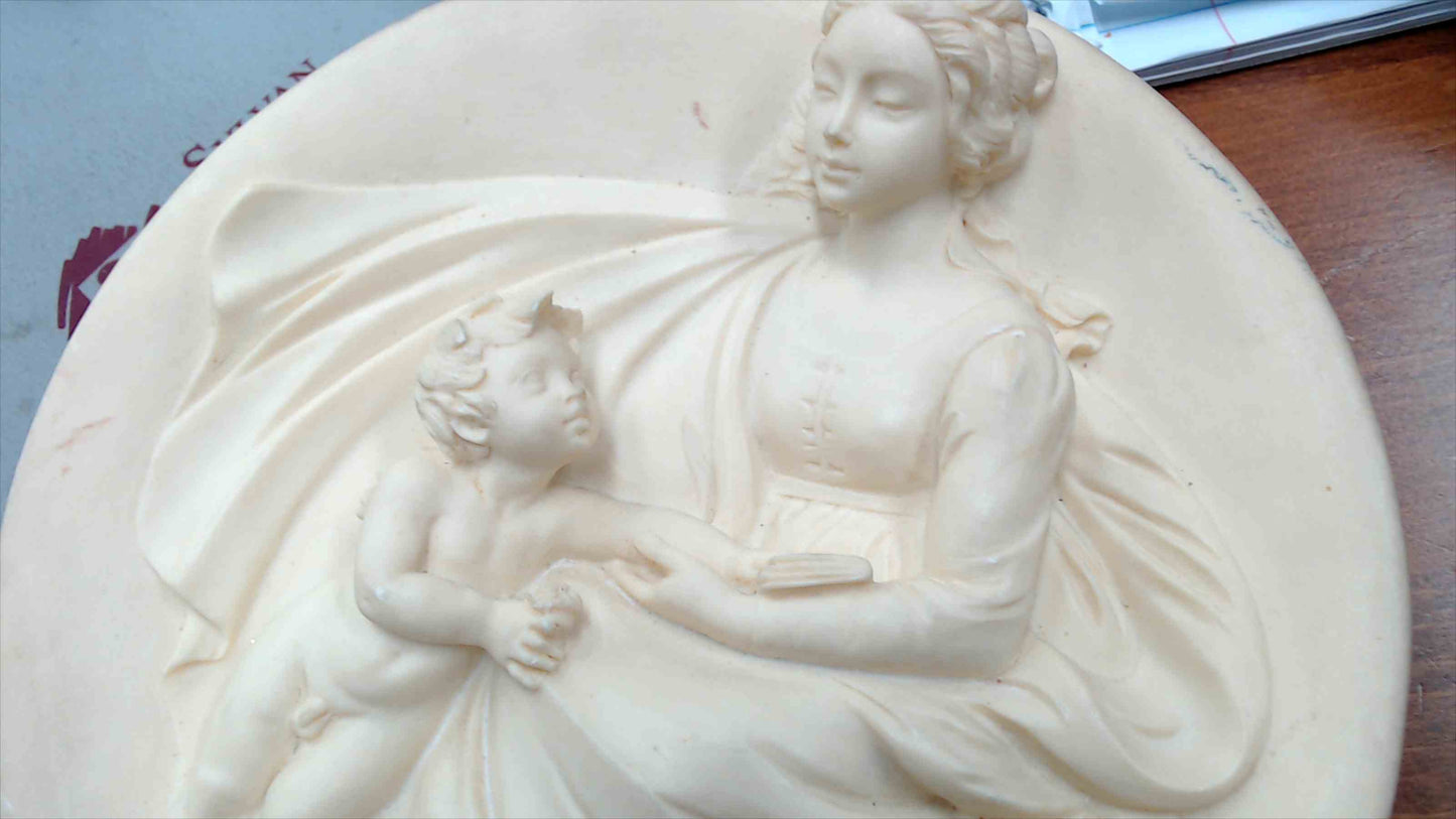 A. Santangela Bas-Relief Wall Plaque “Mother & Child” – 8.5" Round, Ivory Resin (1984)