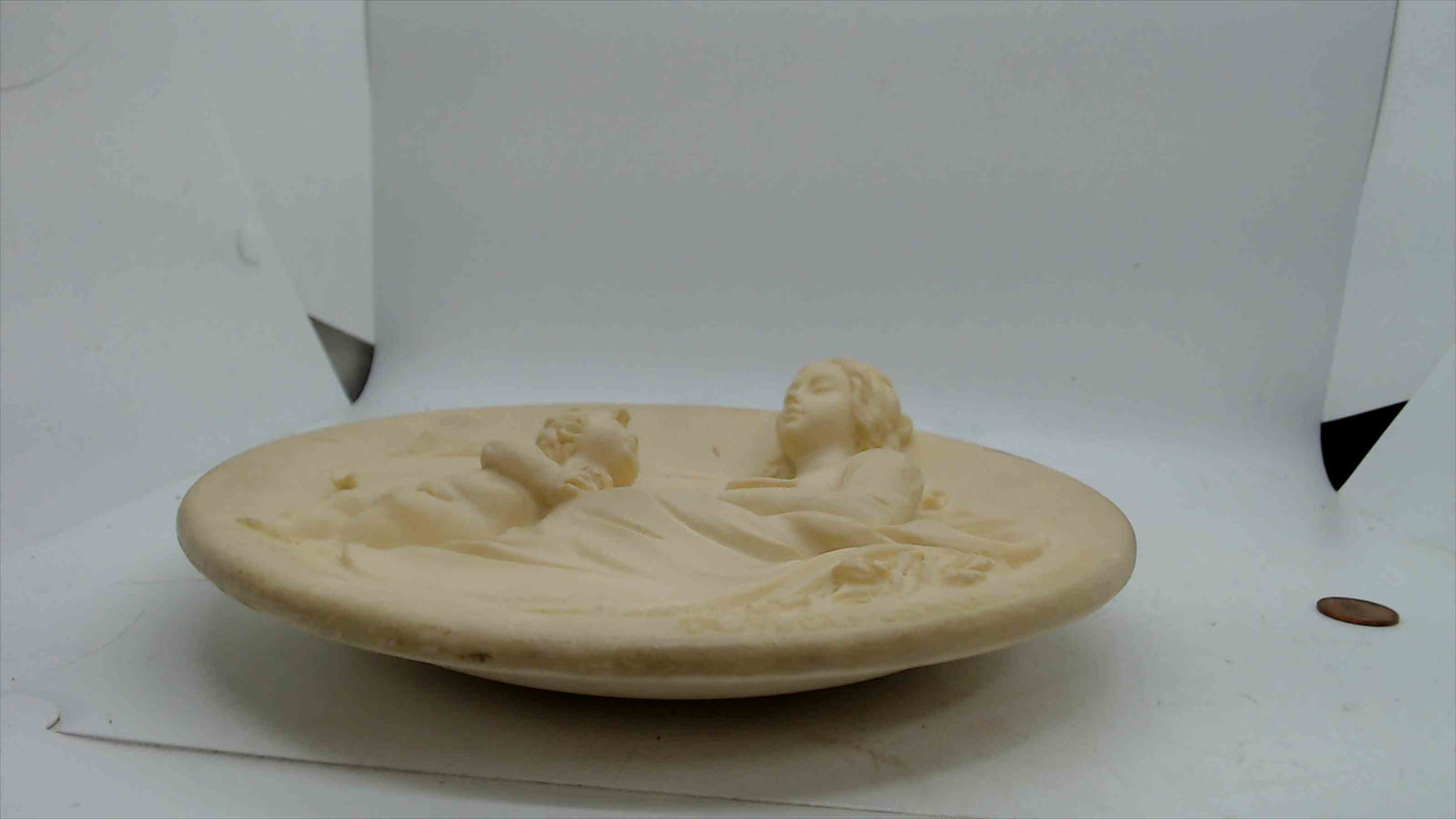 A. Santangela Bas-Relief Wall Plaque “Mother & Child” – 8.5" Round, Ivory Resin (1984)