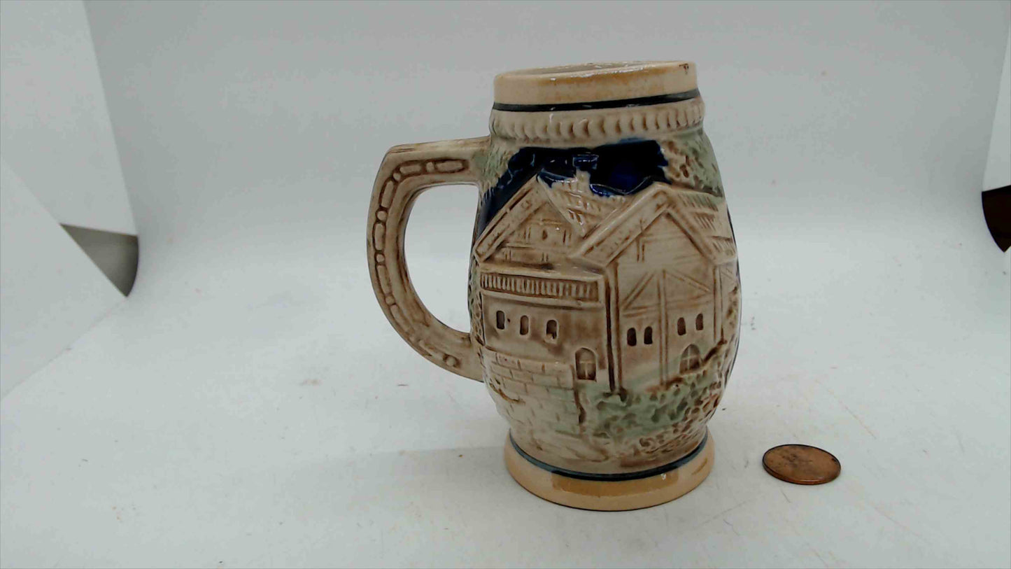Vintage Japan Mini Beer Stein Mug – Relief Tavern Scene & Cottage – Specialty Industries (Amtel) – 4” Tall