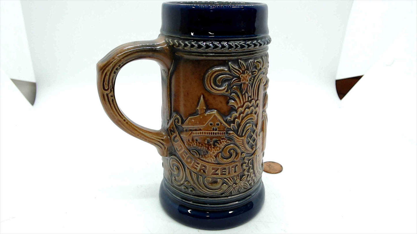 Vintage GERZ Germany Beer Stein – “Zu Jeder Zeit / Waidmannsheil” Relief, Cobalt & Tan, 5.5” Tall