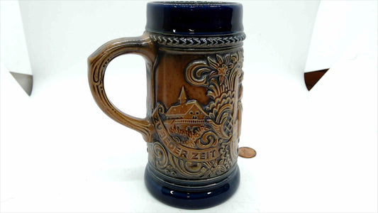 Vintage GERZ Germany Beer Stein – “Zu Jeder Zeit / Waidmannsheil” Relief, Cobalt & Tan, 5.5” Tall