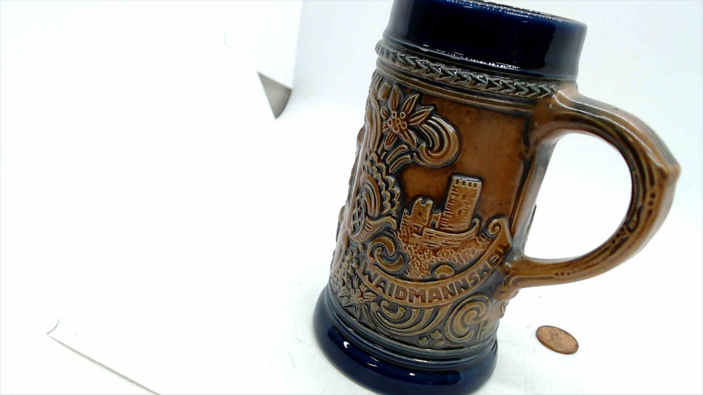 Vintage GERZ Germany Beer Stein – “Zu Jeder Zeit / Waidmannsheil” Relief, Cobalt & Tan, 5.5” Tall