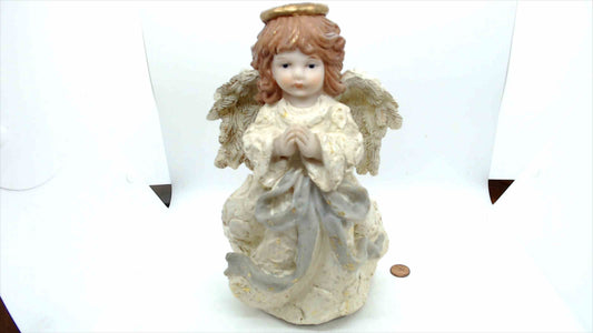 10" Praying Angel Figurine w/ Halo & Textured Wings – Wind-Up Musical, Gold Accents