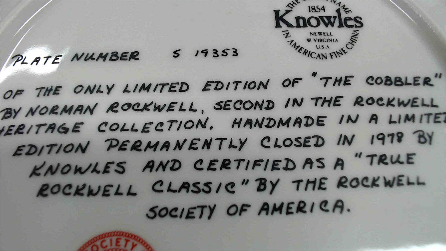 1978 Norman Rockwell “The Cobbler” Collector Plate – Knowles, Rockwell Heritage Collection – 8.5"