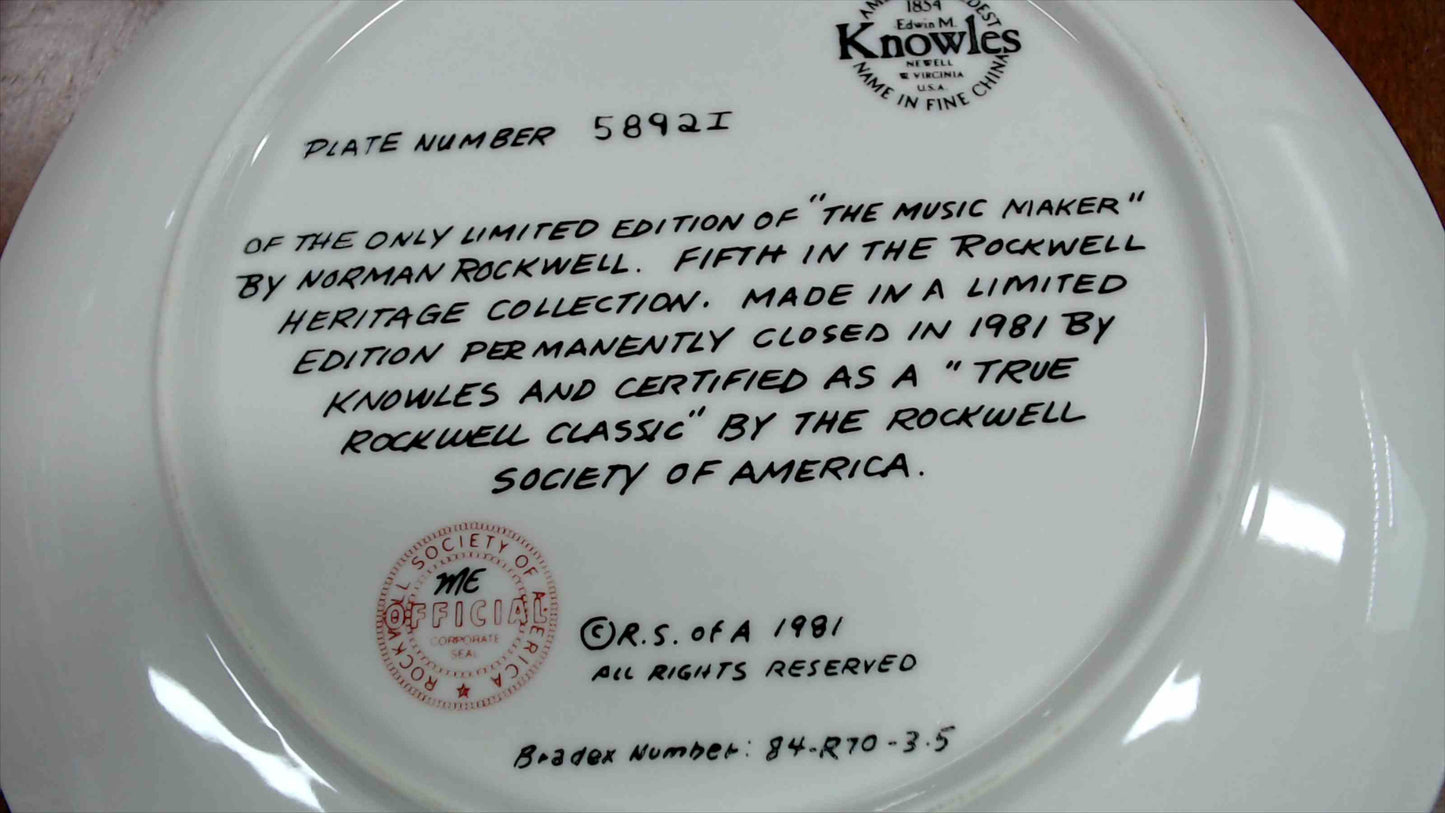 1981 Norman Rockwell “The Music Maker” Collector Plate – Edwin M. Knowles – Rockwell Heritage Collection – 8.5" – Plate #5892I (Bradex 84-R70-3.5)