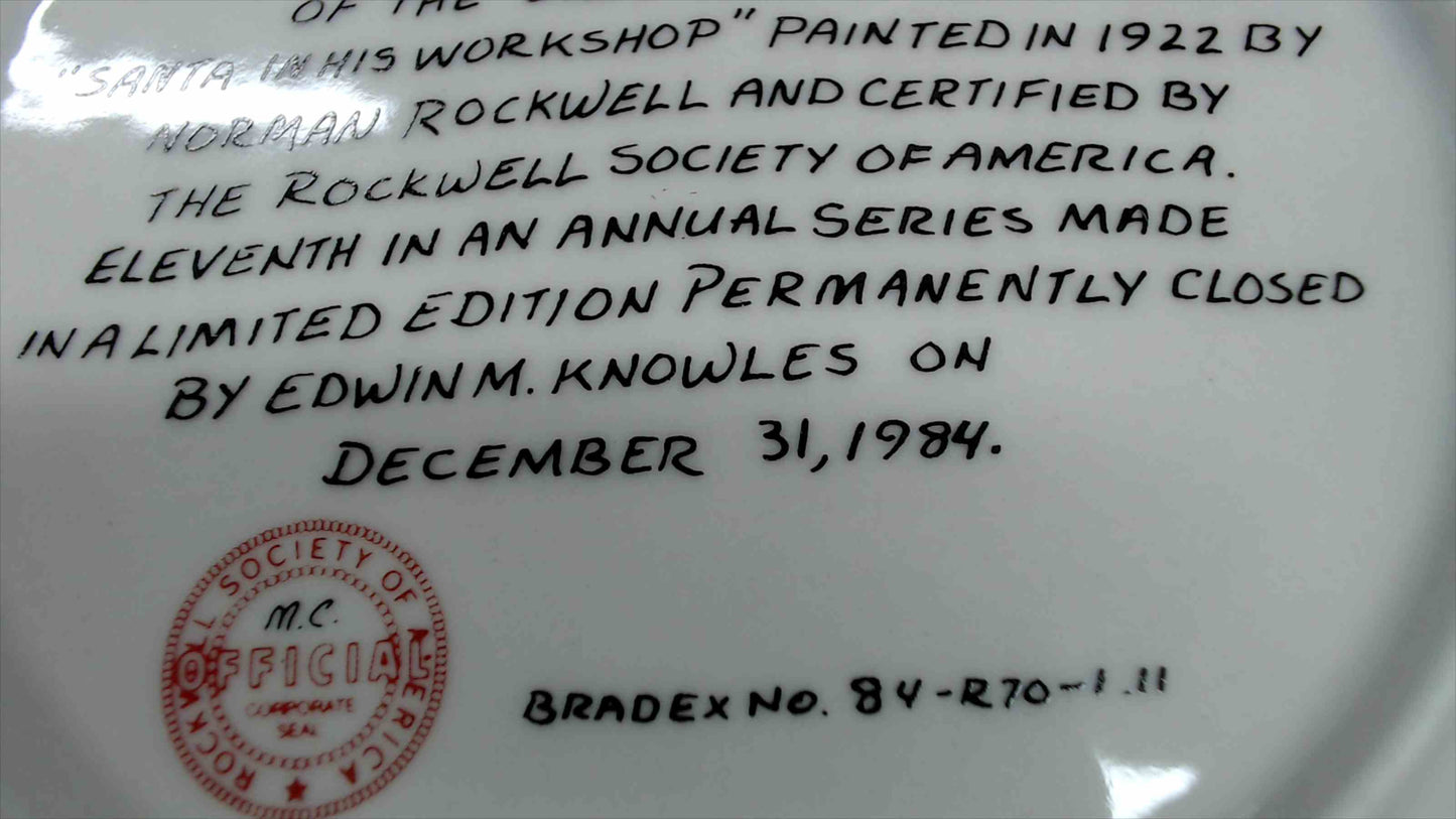 1984 Norman Rockwell “Santa in His Workshop” Collector Plate – Edwin M. Knowles – 8.5" – Bradex 84-R70-1.11