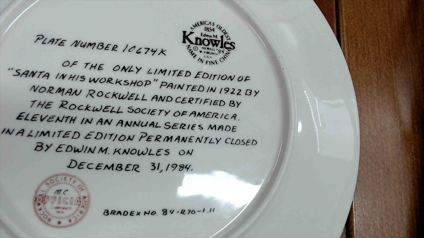 Norman Rockwell “Santa in His Workshop” 1984 Christmas Plate – Edwin M. Knowles, 8.5"