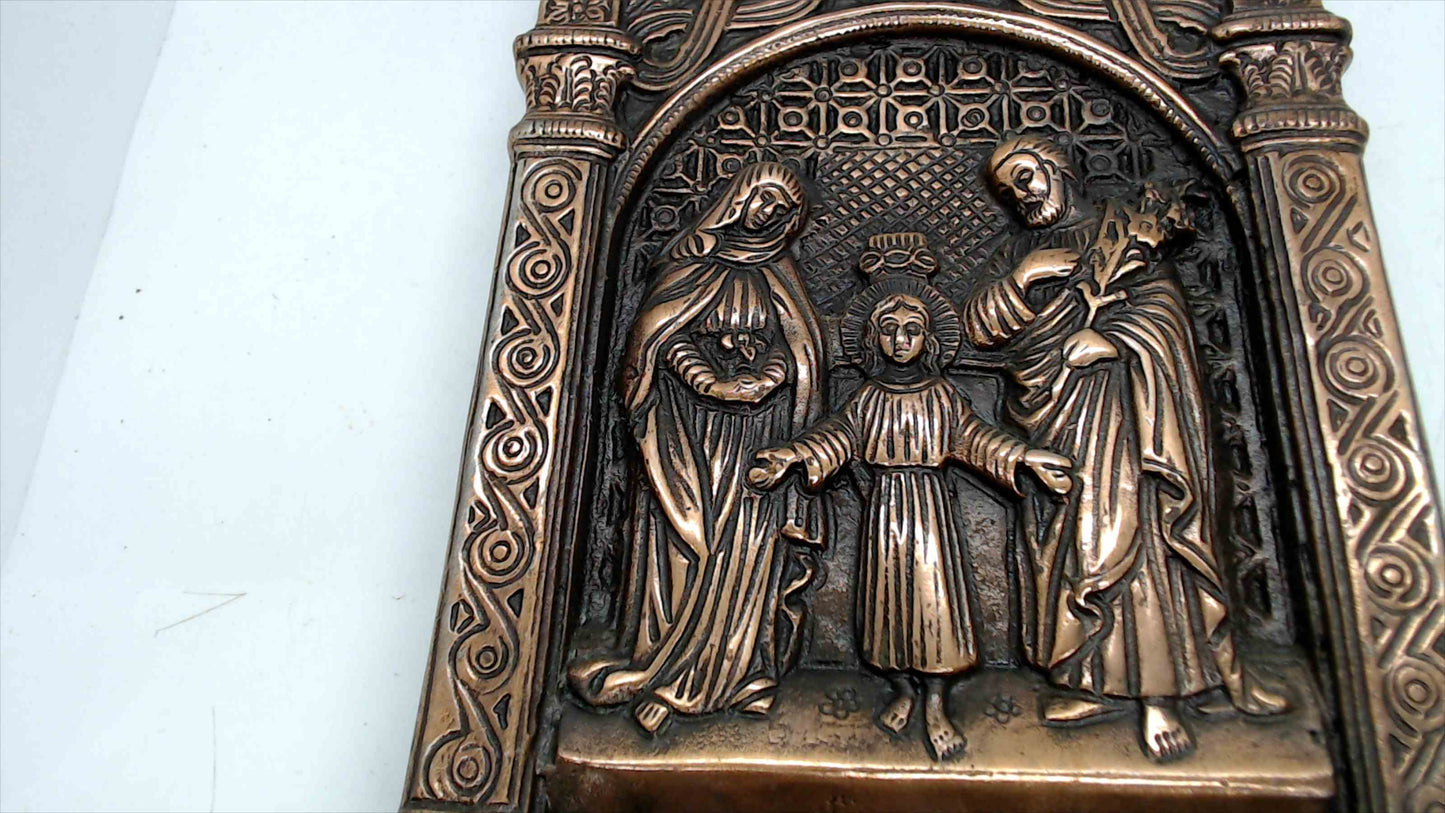 Vintage Cast Iron Gothic Holy Family Doorstop / Wall Plaque – Copper-Bronze Finish – ~14"