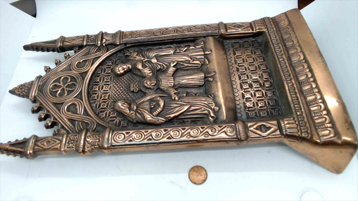 Vintage Cast Iron Gothic Holy Family Doorstop / Wall Plaque – Copper-Bronze Finish – ~14"