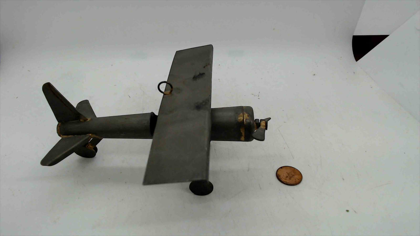 Handmade Rustic Metal Airplane Sculpture – Parasol Monoplane w/ Spinning Prop & Hang Ring – Industrial Decor