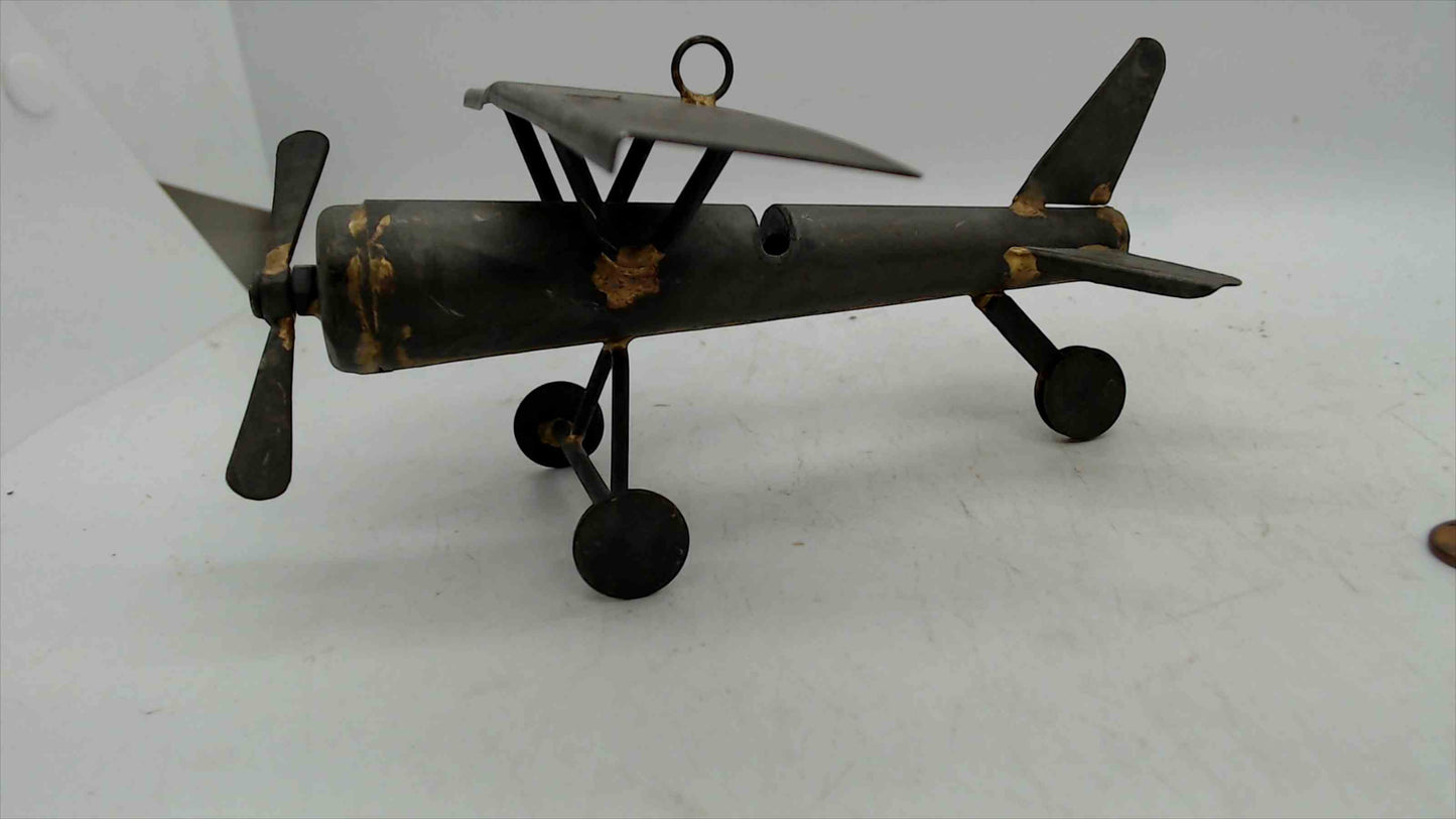 Handmade Rustic Metal Airplane Sculpture – Parasol Monoplane w/ Spinning Prop & Hang Ring – Industrial Decor