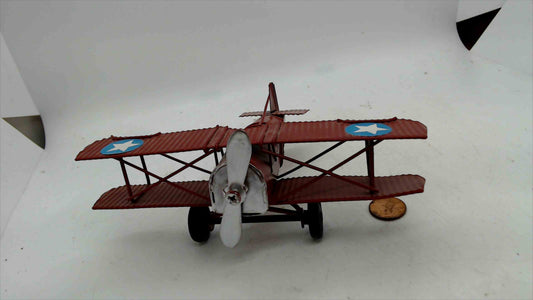 Vintage-Style Red Metal Biplane Airplane Model Desk Decor – 5.5” L x 6.5” W x 2.5” T