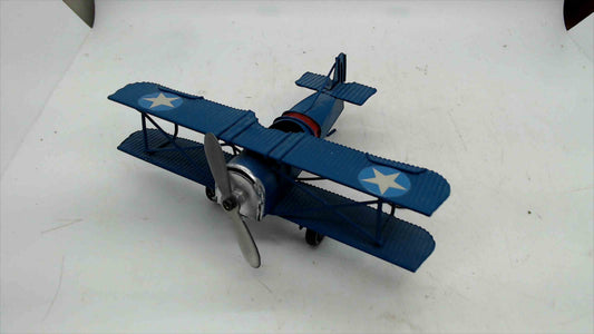 Vintage-Style Blue Metal Biplane Airplane Model Desk Decor – 5.5” L x 6.5” W x 2.5” T