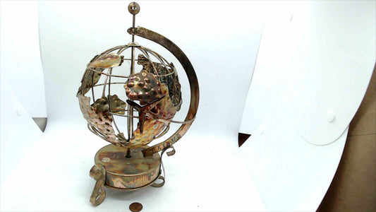 Vintage Hammered Brass Globe Music Box w/ Airplane – “Around the World in 80 Days” – Tested & Working