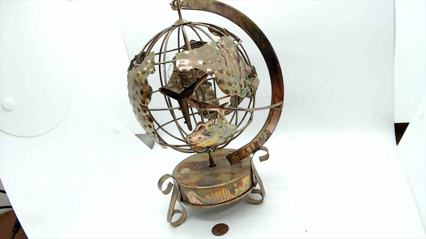 Vintage Hammered Brass Globe Music Box w/ Airplane – “Around the World in 80 Days” – Tested & Working
